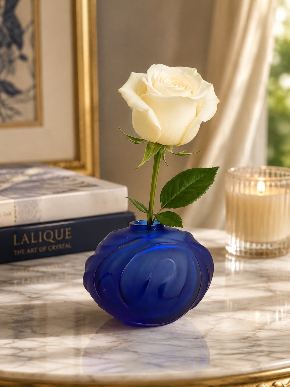 Lalique France Crystal Royal Palm Soliflore Bud Vase Cobalt Blue Signed Vintage